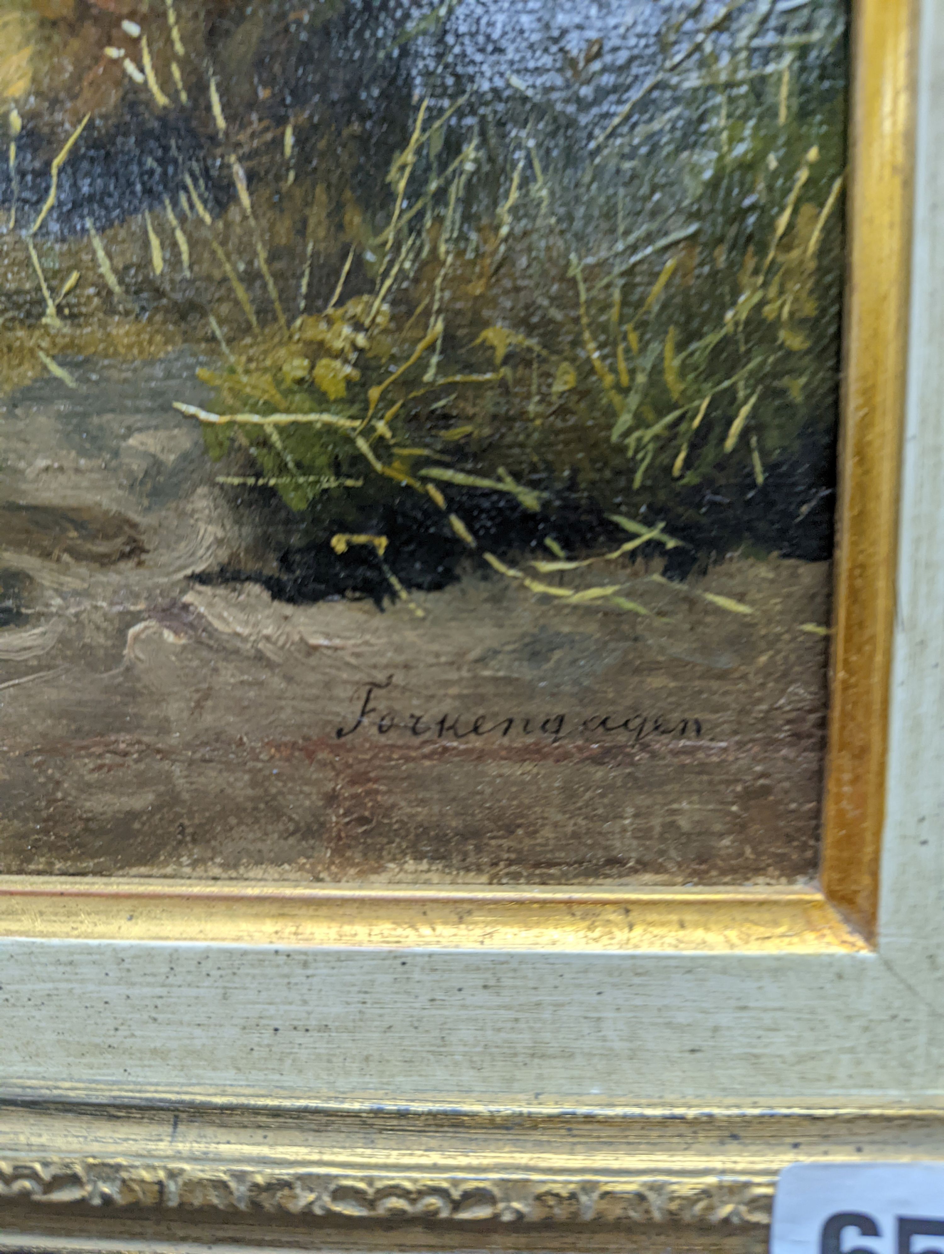 19th Century Dutch School, oil on canvas, Sheep and ducks in a landscape, indistinctly signed, 53 x 61cm